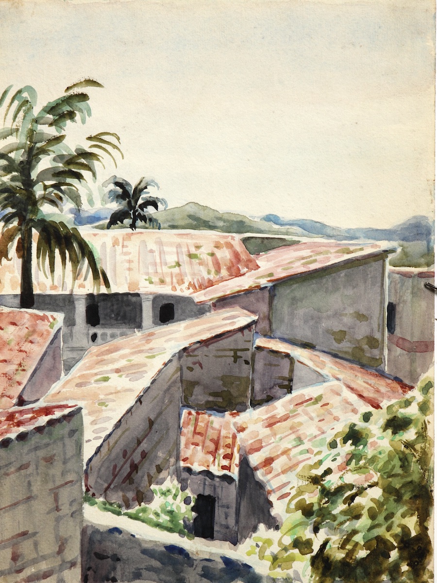 Paper and watercolor.  Painting of Yucatán, Mexico.  Jean Charlot.