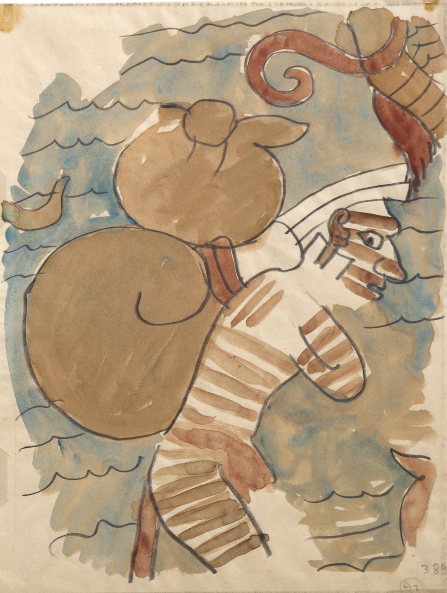 Paper and watercolor.  Chichʻen Itza archeological copy.  Jean Charlot.