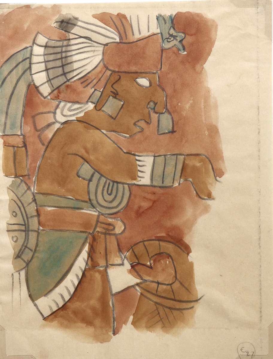 Paper and watercolor.  Chichʻen Itza archeological copy.  Jean Charlot.