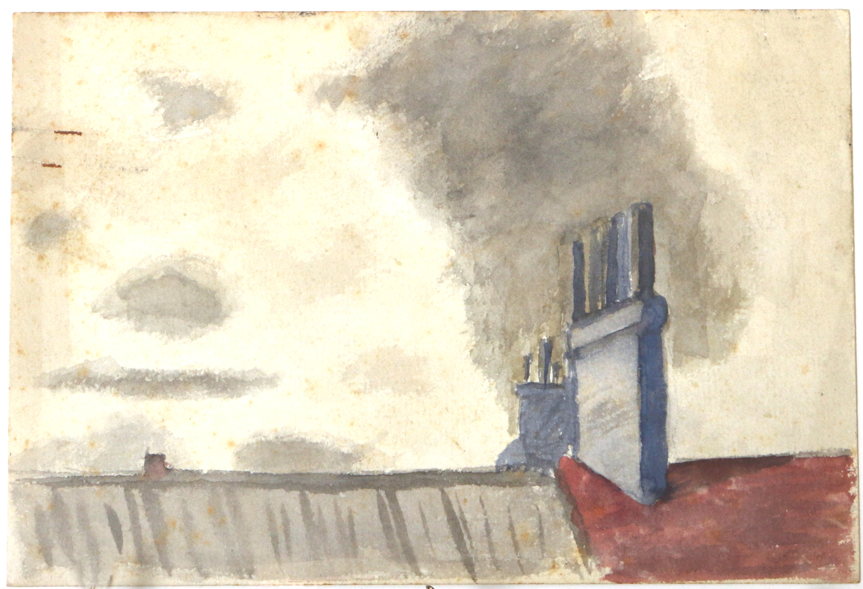 Watercolor.  Gray day with red roof on right.  Jean Charlot.
