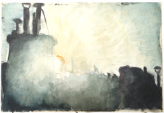 Watercolor.  Light of rising sun dissolves right side of chimney on left.  Jean Charlot.