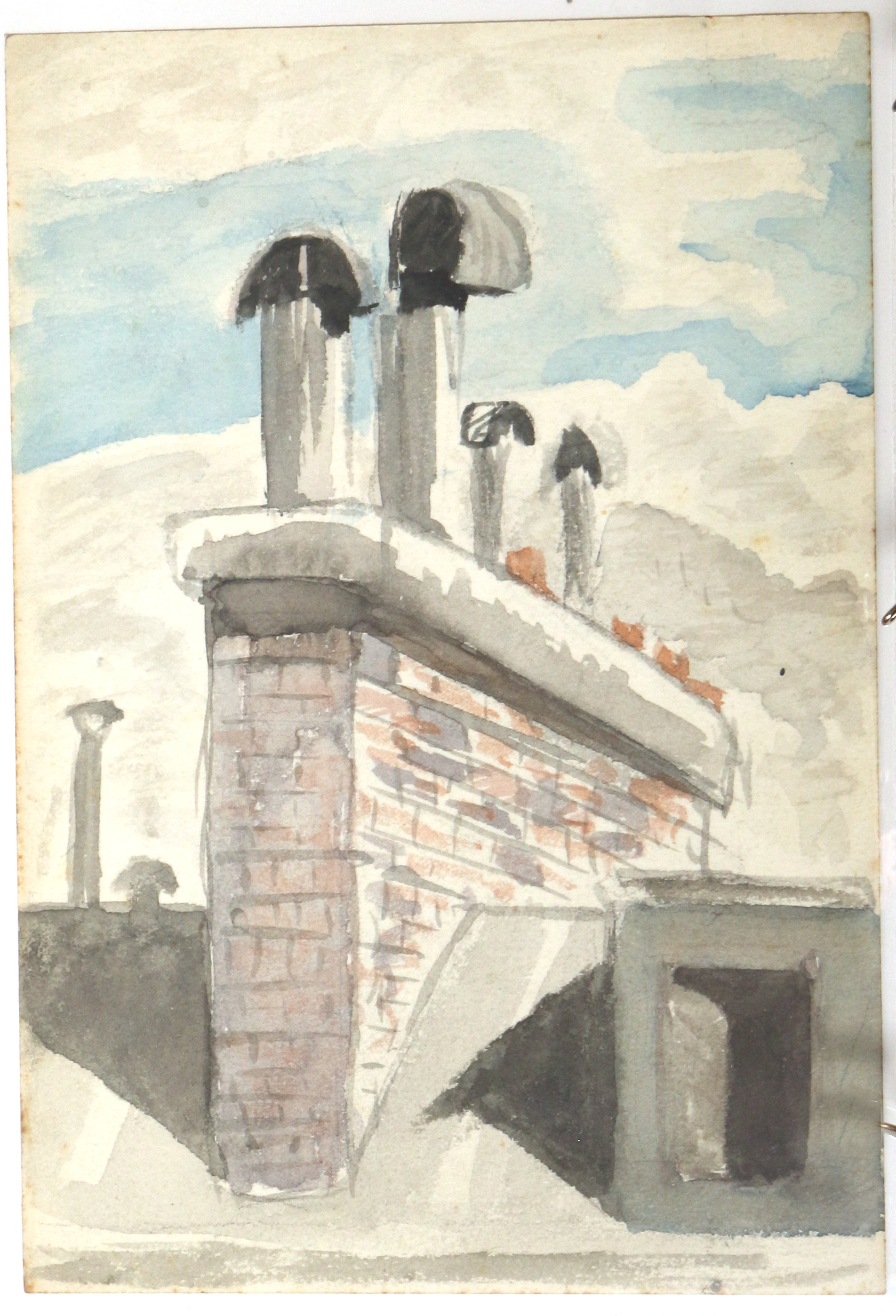 Watercolor.  Clear day with brick chimney.  Jean Charlot.