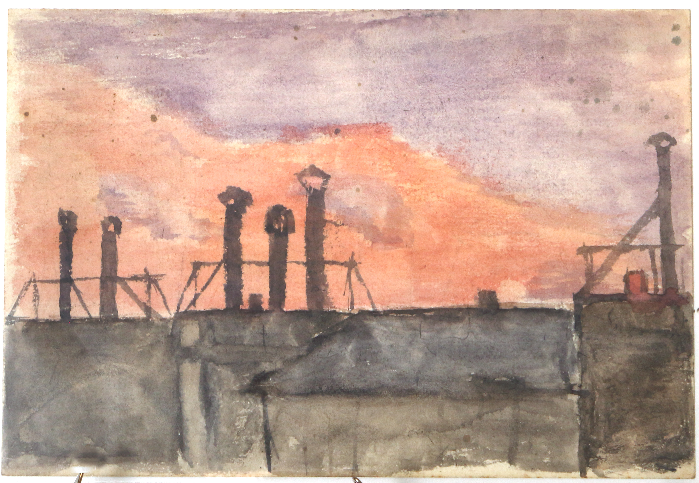 Watercolor.  Rose and purple sky behind chimneys.  Jean Charlot.