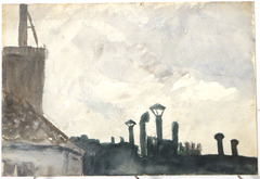 Watercolor.  Gray sky behind green chimneys on right.  Jean Charlot.