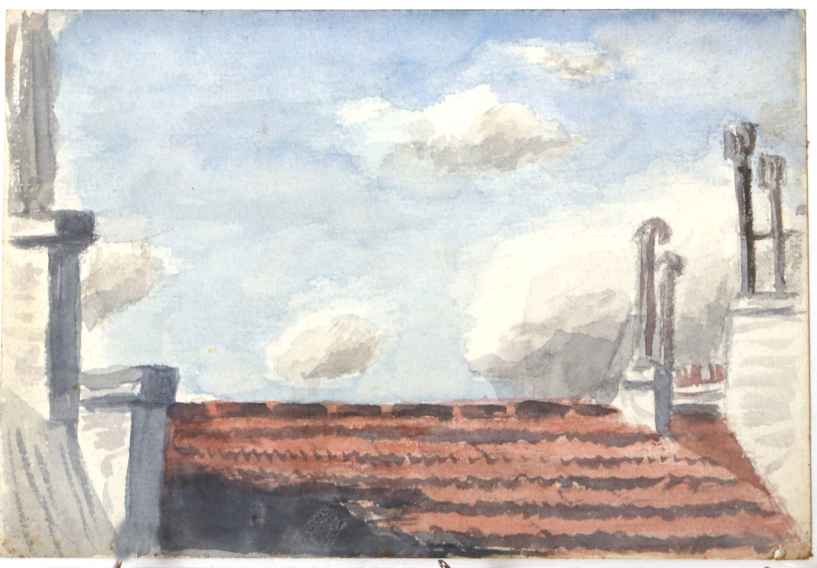 Watercolor.  Clear day with red roof at bottom center.  Jean Charlot.