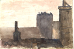 Watercolor.  Rose sky behind brown buildings.  Jean Charlot.