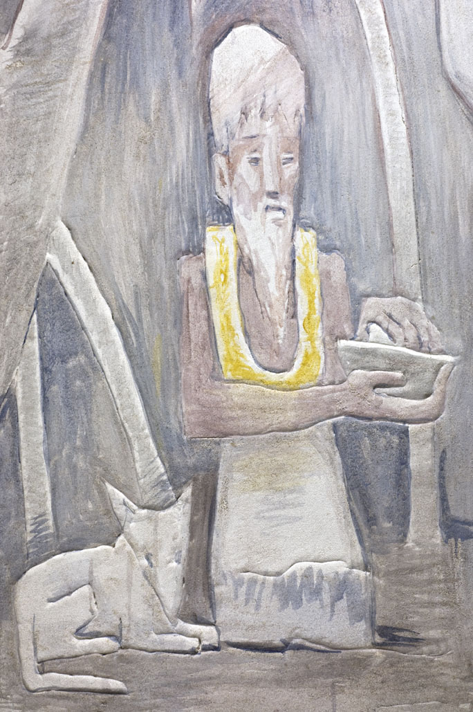 Fresco.  Detail of Kahuna and dog.  Kahuna with Sacred Stone.  Jean Charlot.